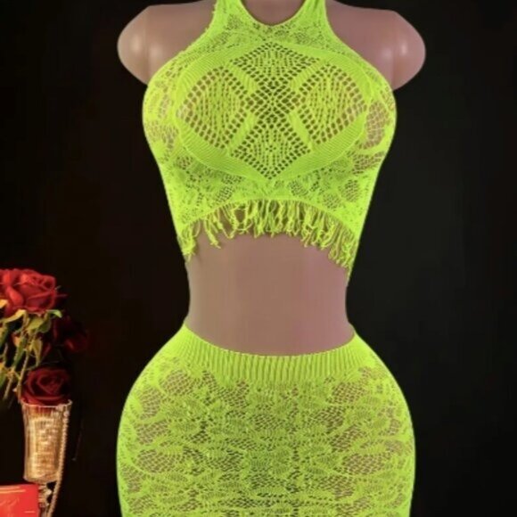 Neon Green 2pc Halter Top & Tassel Skirt Fishnet Cover Up - Picture 3 of 7